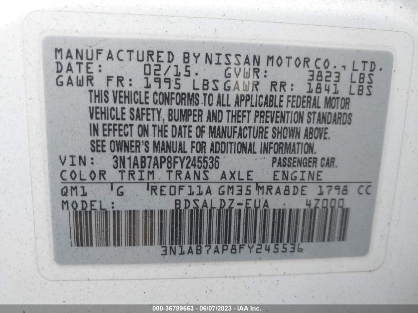 2015 NISSAN SENTRA SR/SL/S/SV/FE+ S - 3N1AB7AP8FY245536