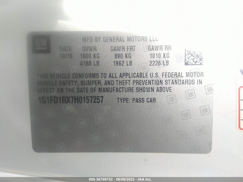 2017 CHEVROLET CAMARO 2LT - 1G1FD1RX7H0157257