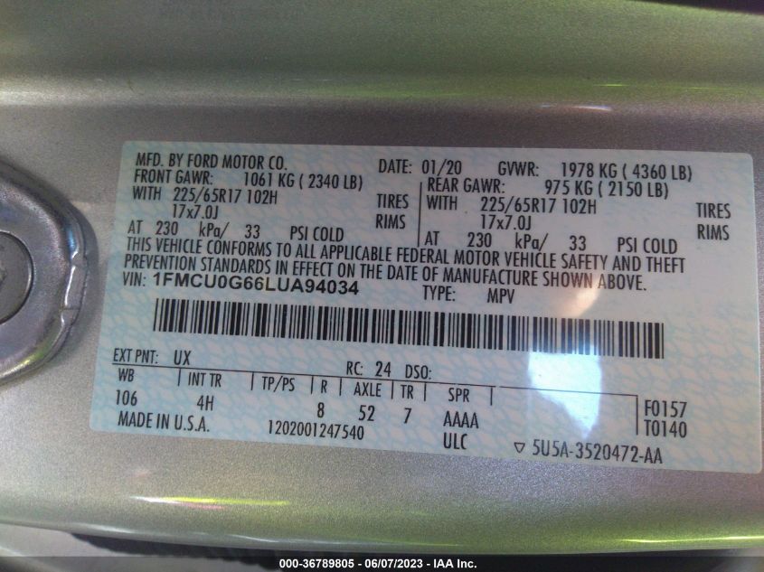 2020 FORD ESCAPE SE - 1FMCU0G66LUA94034