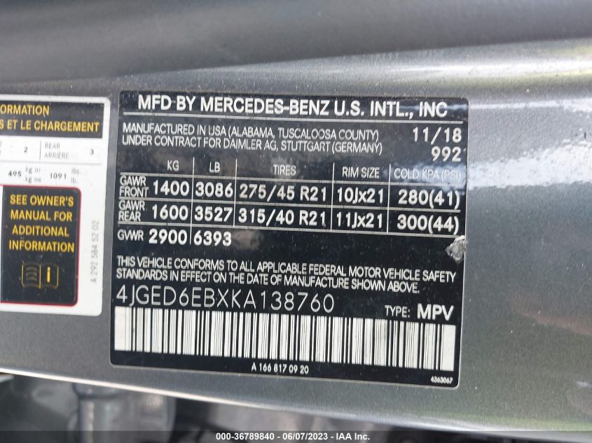 2019 MERCEDES-BENZ GLE COUPE 43 AMG 4JGED6EBXKA138760