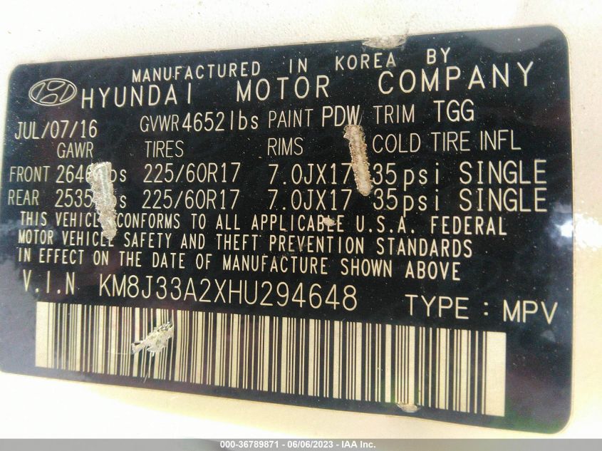 2017 HYUNDAI TUCSON LIMITED/SPORT AND ECO/SE - KM8J33A2XHU294648