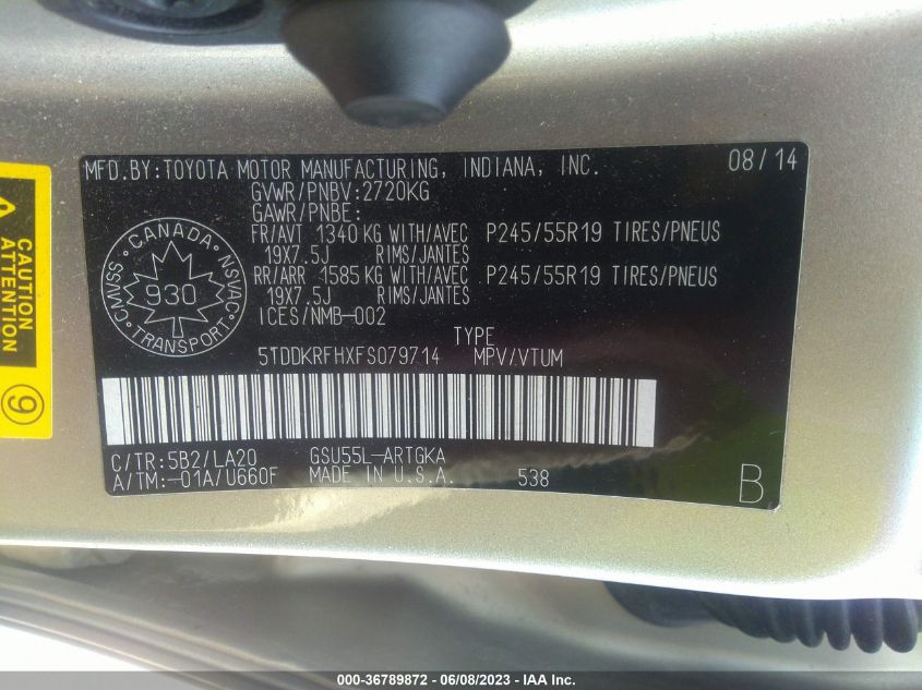 2015 TOYOTA HIGHLANDER LIMITED - 5TDDKRFHXFS079714