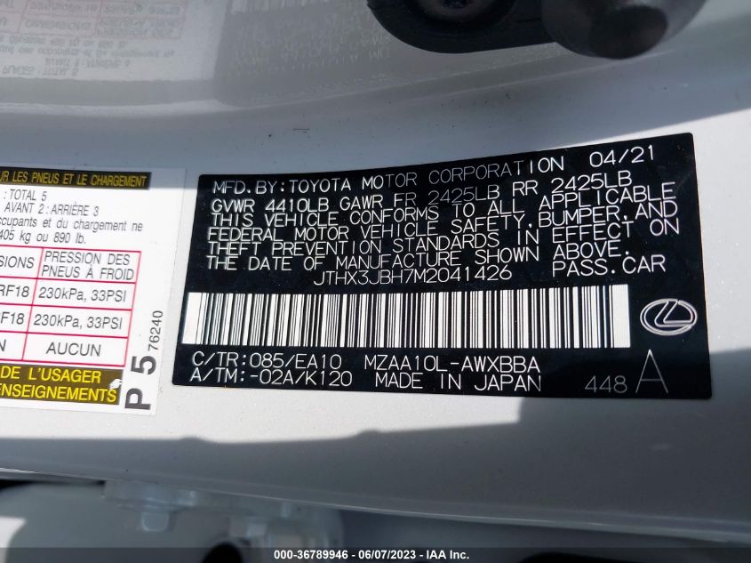 2021 LEXUS UX UX 200 JTHX3JBH7M2041426