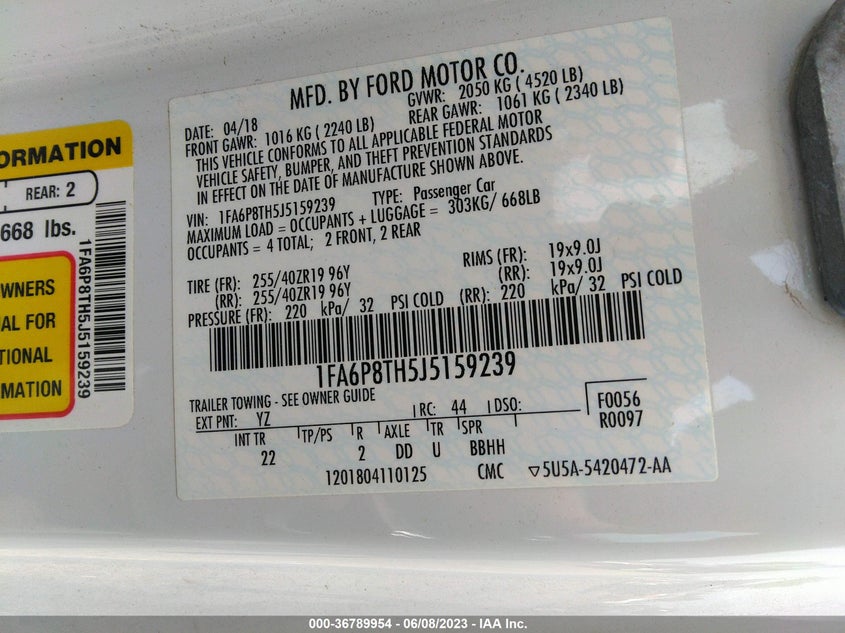 VIN 1FA6P8TH5J5159239 2018 FORD MUSTANG ECOBOOST