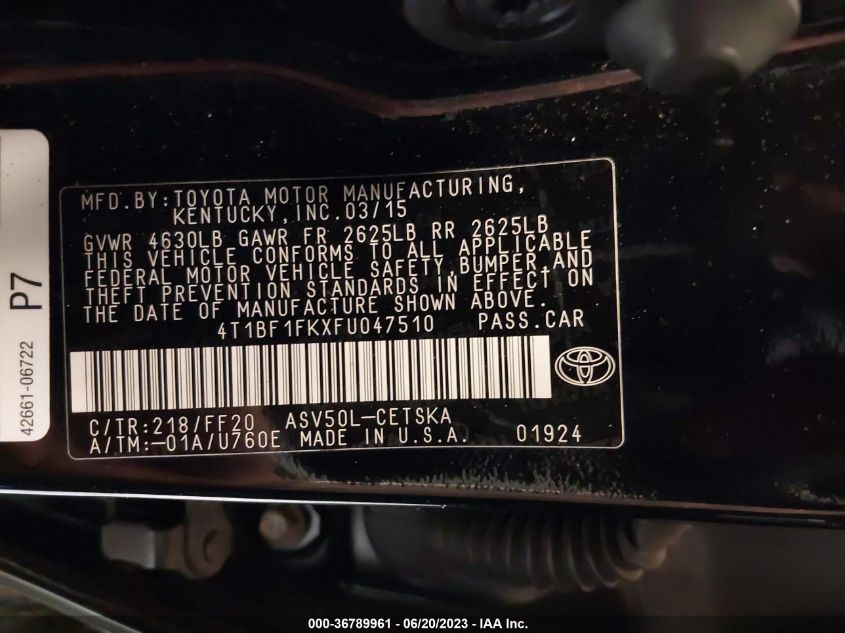 2015 TOYOTA CAMRY XLE/SE/LE/XSE - 4T1BF1FKXFU047510