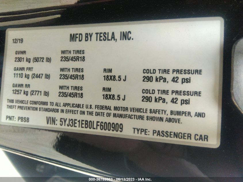 2020 TESLA MODEL 3 - 5YJ3E1EB0LF600909