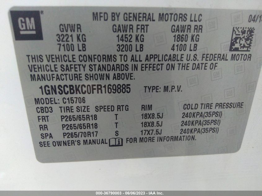 2015 CHEVROLET TAHOE LT - 1GNSCBKC0FR169885