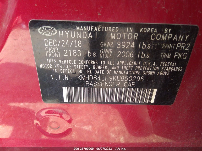 Auction sale of the 2019 HYUNDAI ELANTRA , vin: KMHD84LF9KU850296, lot number: 36790069