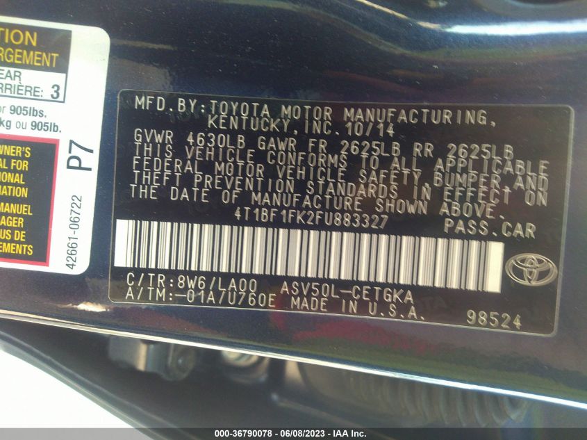 2015 TOYOTA CAMRY LE/XLE/SE/XSE - 4T1BF1FK2FU883327