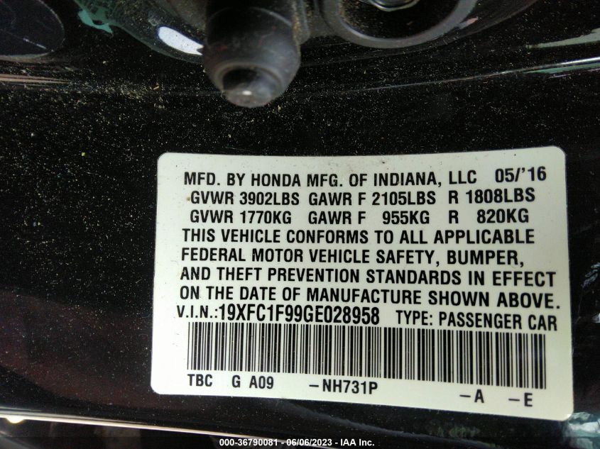 2016 HONDA CIVIC SEDAN TOURING - 19XFC1F99GE028958