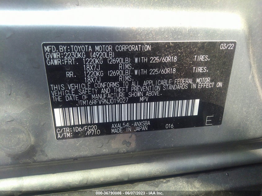 VIN JTM16RFV9NJ019027 2022 TOYOTA RAV4 HYBRID SE