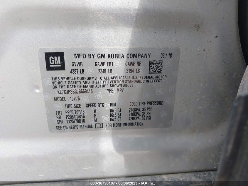 VIN KL7CJPSB3JB669416 2018 CHEVROLET TRAX LT