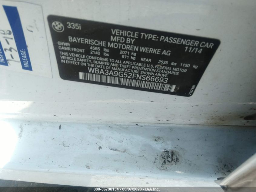 2015 BMW 3 SERIES 335I - WBA3A9G52FNS66693