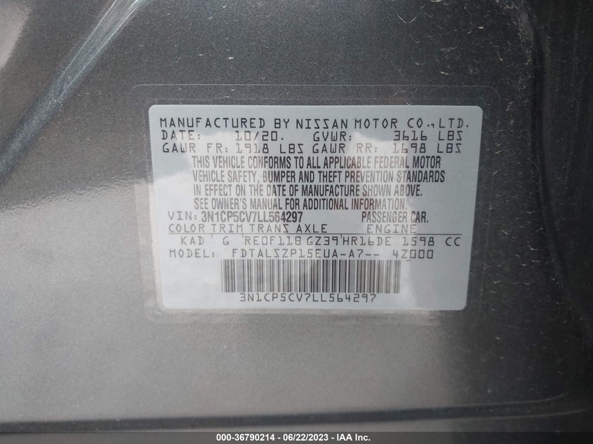 VIN 3N1CP5CV7LL564297 2020 NISSAN KICKS SV