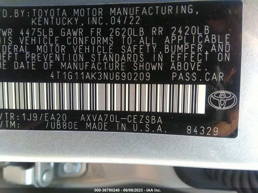 2022 TOYOTA CAMRY SE - 4T1G11AK3NU690209