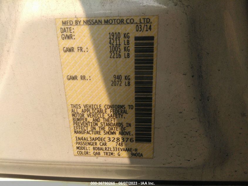 2014 NISSAN ALTIMA 2.5/S/SV/SL - 1N4AL3APOEC328376