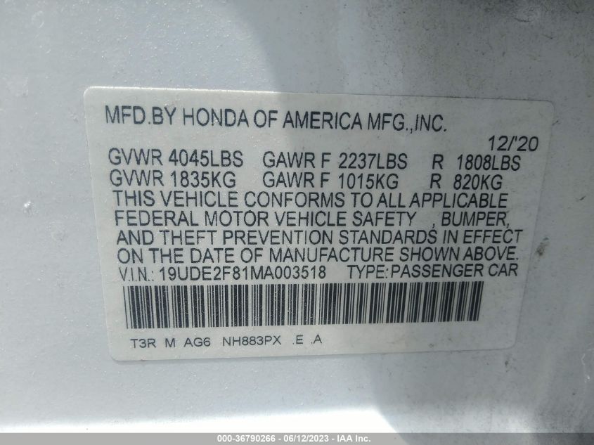 2021 ACURA ILX PACKAGE - 19UDE2F81MA003518