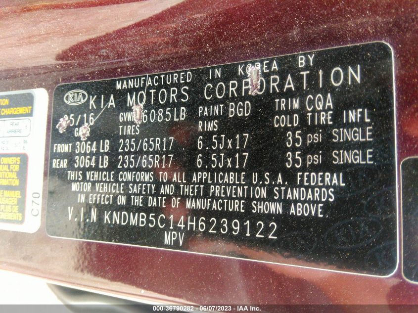 2017 KIA SEDONA LX - KNDMB5C14H6239122