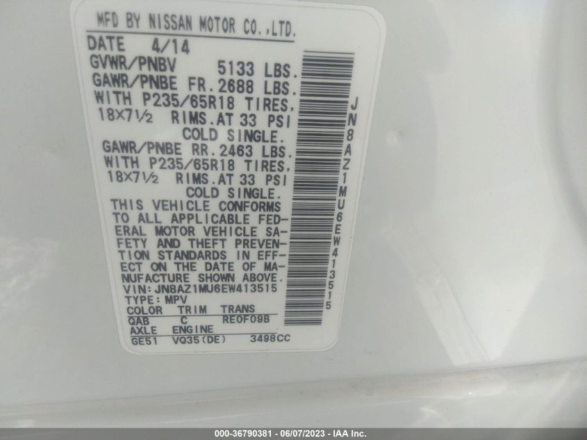 2014 NISSAN MURANO SV - JN8AZ1MU6EW413515