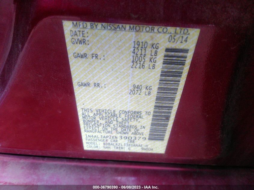 2014 NISSAN ALTIMA 2.5 S - 1N4AL3AP2EN390379