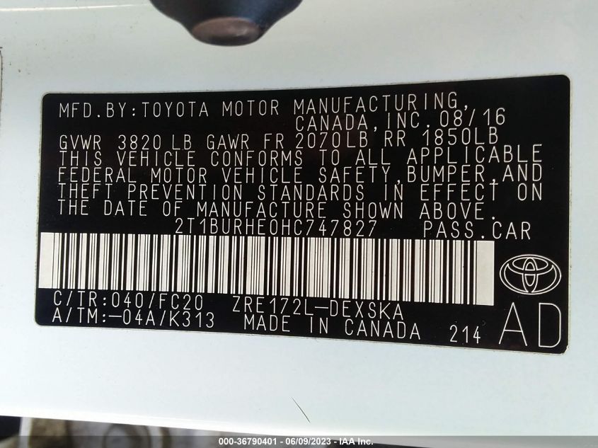 2017 TOYOTA COROLLA L/LE/XLE/SE - 2T1BURHE0HC747827