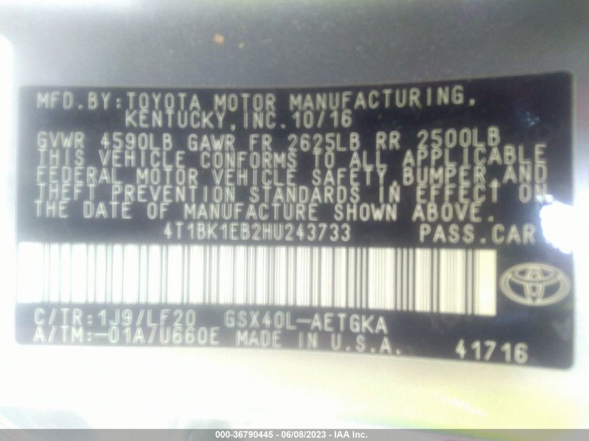 2017 TOYOTA AVALON XLE/XLE PLUS - 4T1BK1EB2HU243733