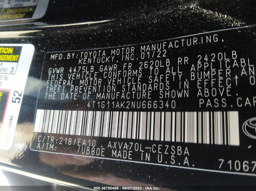 2022 TOYOTA CAMRY SE - 4T1G11AK2NU666340