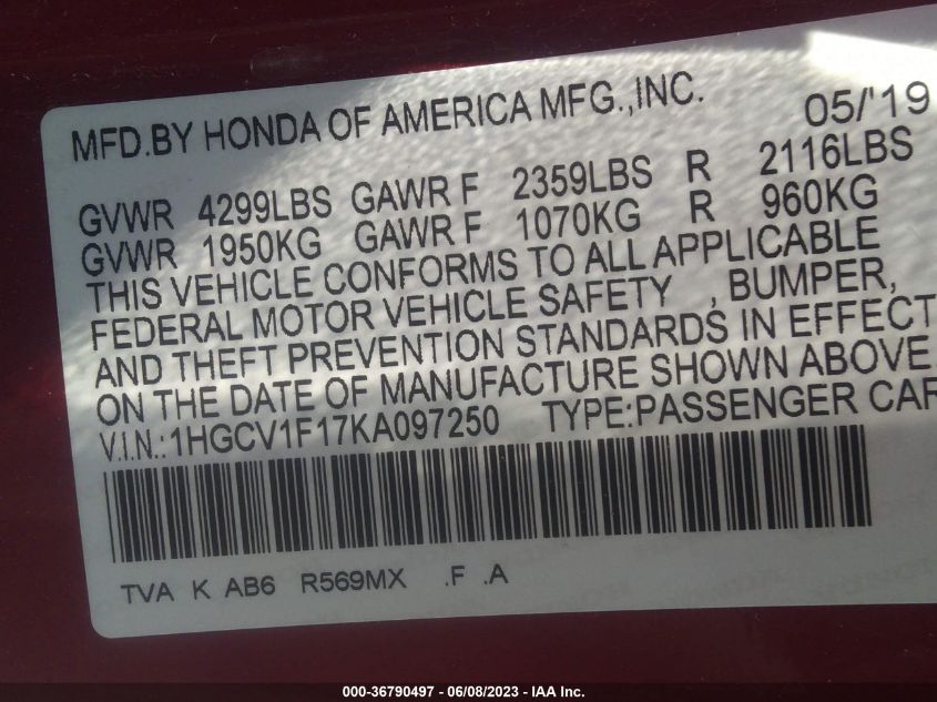 2019 HONDA ACCORD SEDAN LX 1.5T - 1HGCV1F17KA097250