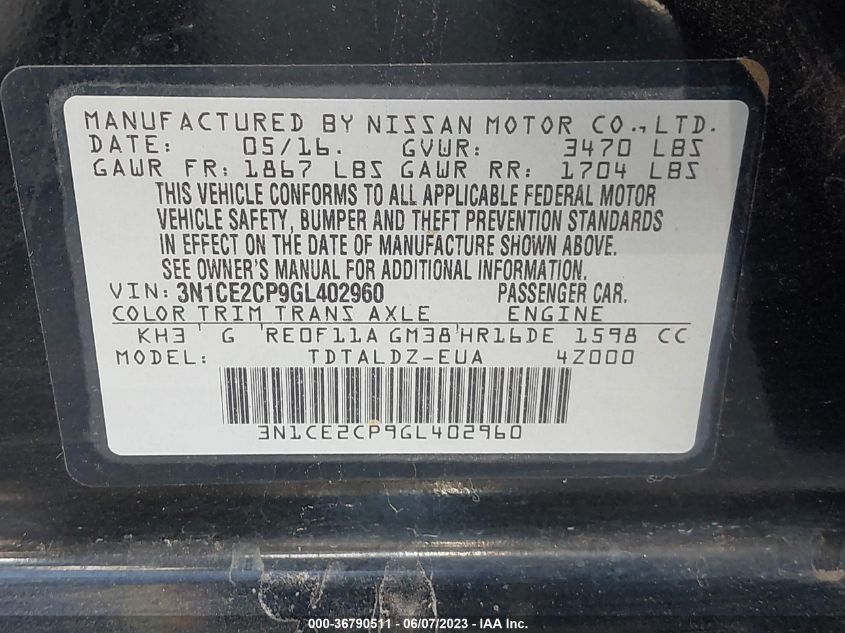 2016 NISSAN VERSA NOTE S/S PLUS/SV/SR/SL - 3N1CE2CP9GL402960