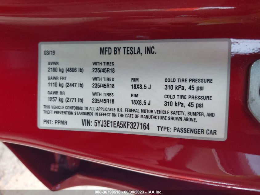 2019 TESLA MODEL 3 RANGE - 5YJ3E1EA5KF327164