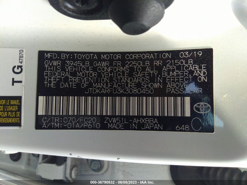2019 TOYOTA PRIUS L ECO/LE/XLE/LIMITED - JTDKARFU3K3080450