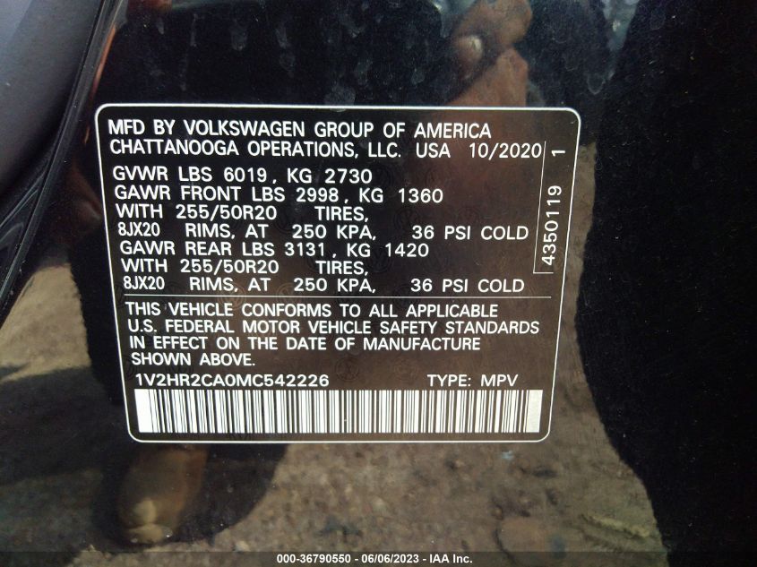 2021 VOLKSWAGEN ATLAS 3.6L V6 SE W/TECHNOLOGY - 1V2HR2CA0MC542226