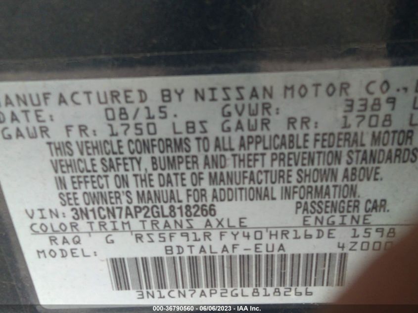 2016 NISSAN VERSA S - 3N1CN7AP2GL818266