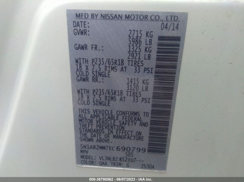 2014 NISSAN PATHFINDER S/SV/SL/PLATINUM - 5N1AR2MM7EC690799
