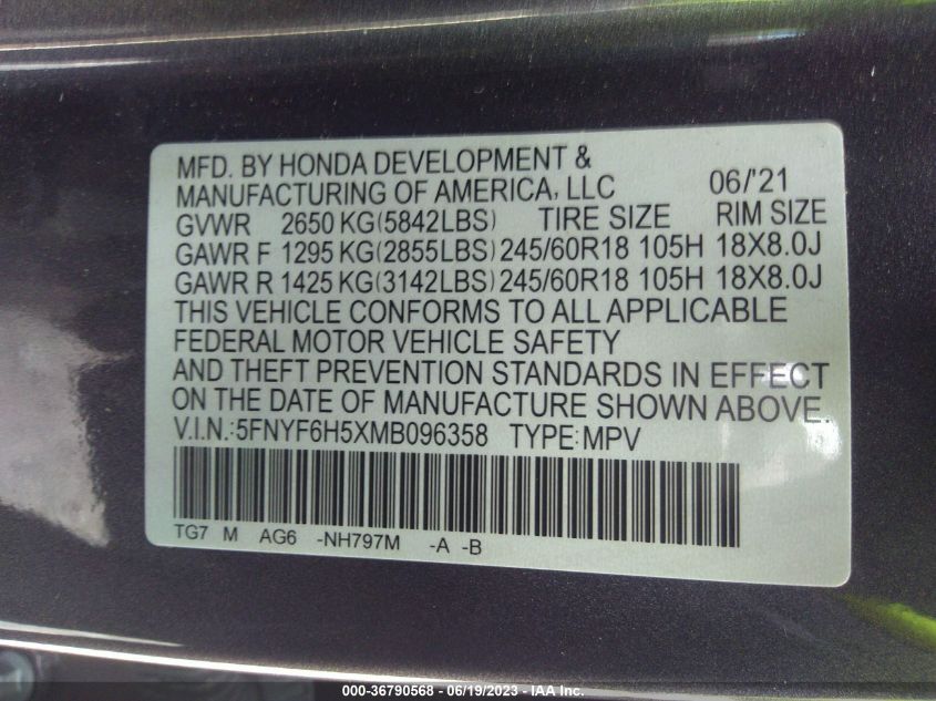 2021 HONDA PILOT EX-L - 5FNYF6H5XMB096358