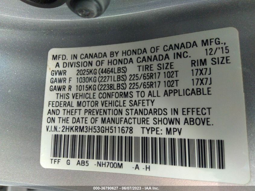 2016 HONDA CR-V EX - 2HKRM3H53GH511678