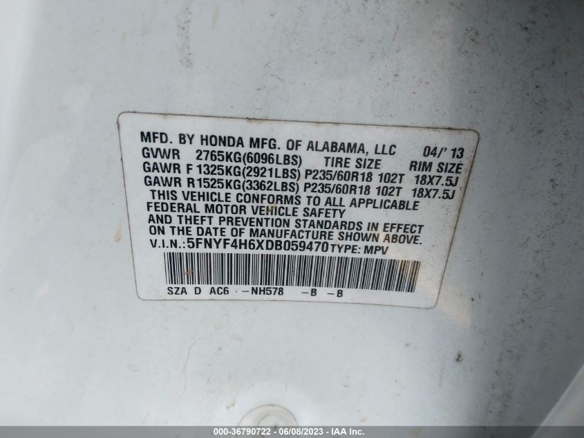 2013 HONDA PILOT EX-L - 5FNYF4H6XDB059470