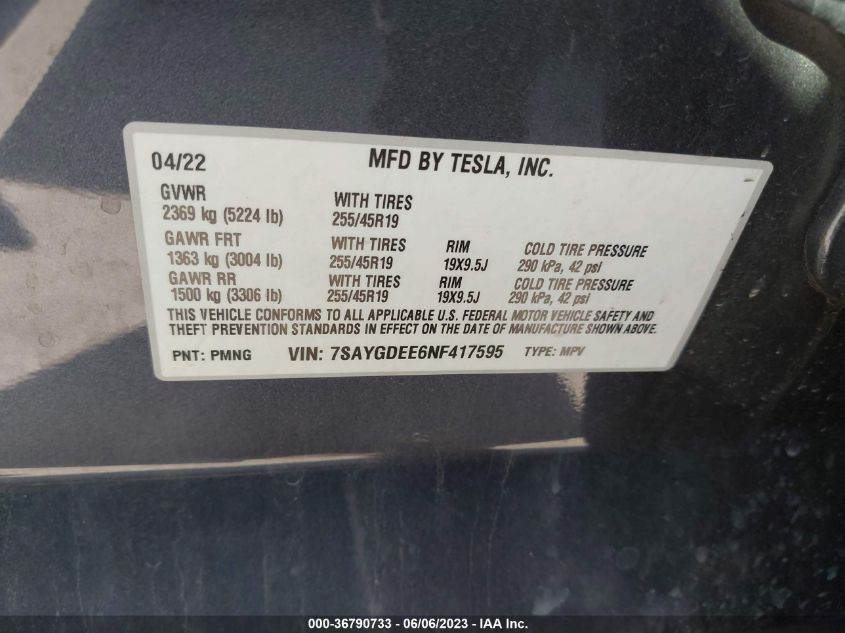 2022 TESLA MODEL Y LONG RANGE - 7SAYGDEE6NF417595