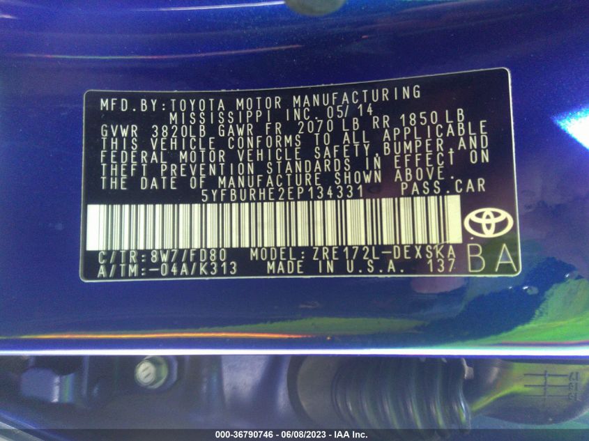 2014 TOYOTA COROLLA L/LE/S/S PLUS/LE PLUS - 5YFBURHE2EP134331