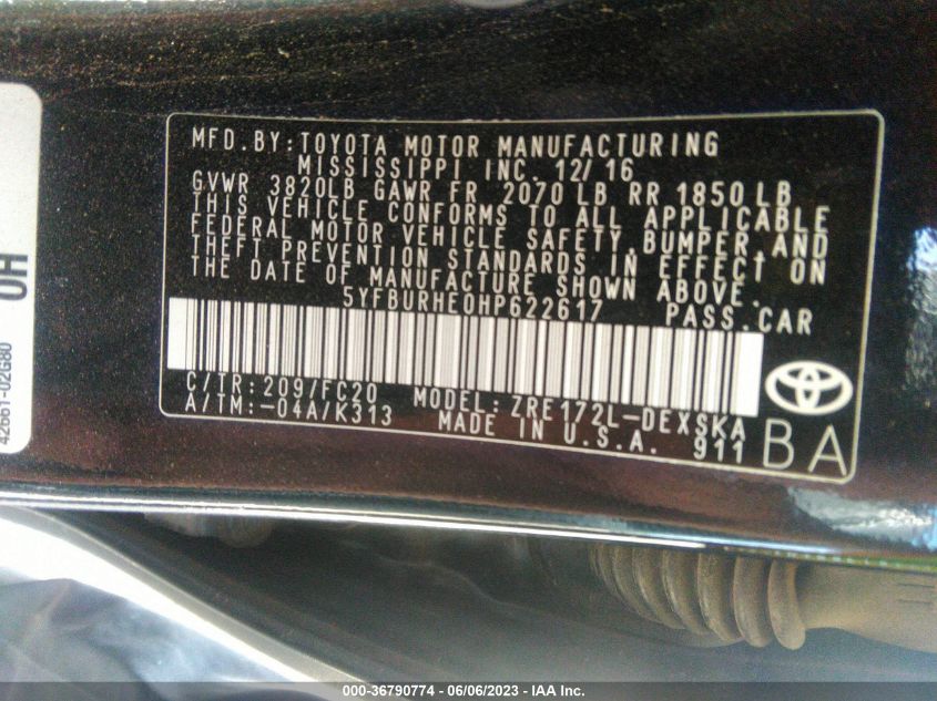 2017 TOYOTA COROLLA SE - 5YFBURHE0HP622617