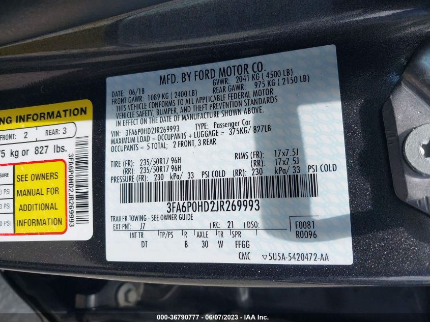 2018 FORD FUSION SE - 3FA6P0HD2JR269993