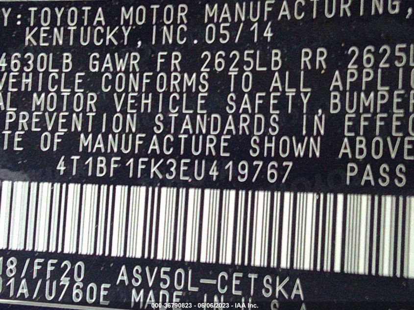 2014 TOYOTA CAMRY L/LE/XLE/SE/SE SPORT - 4T1BF1FK3EU419767