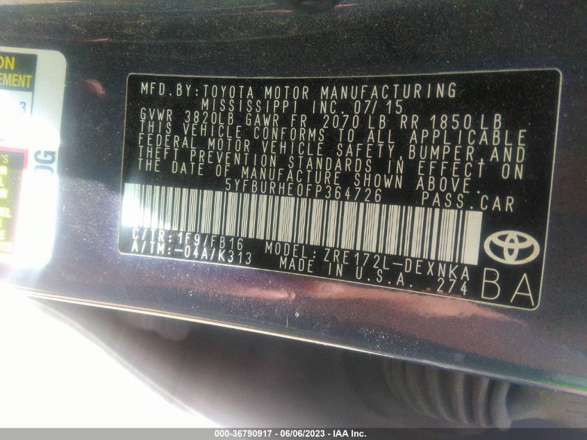2015 TOYOTA COROLLA L/LE/S/S PLUS/LE PLUS - 5YFBURHE0FP364726