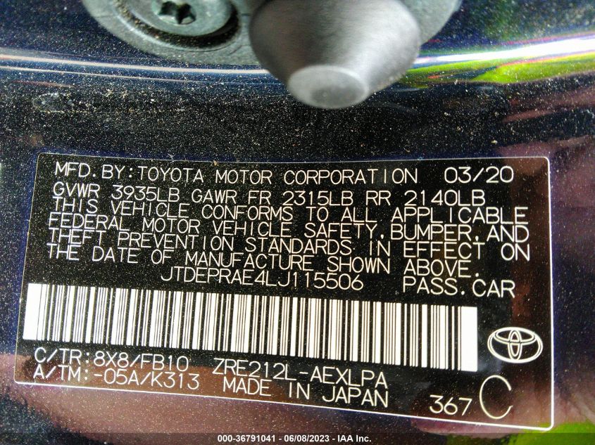2020 TOYOTA COROLLA LE - JTDEPRAE4LJ115506