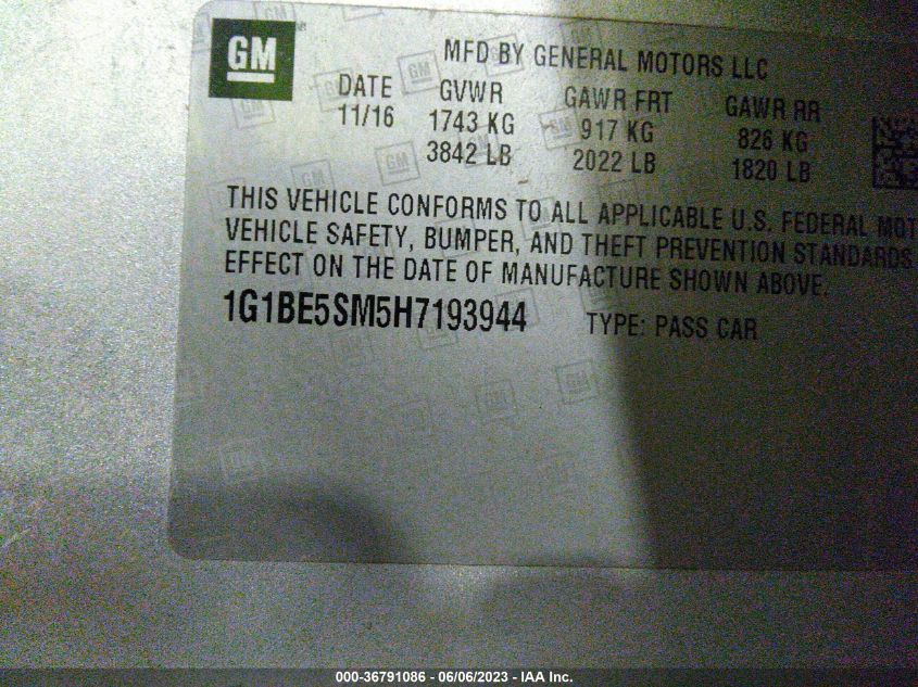 2017 CHEVROLET CRUZE LT - 1G1BE5SM5H7193944