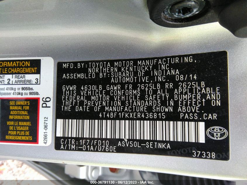 2014 TOYOTA CAMRY L/LE/XLE/SE/SE SPORT - 4T4BF1FKXER436815