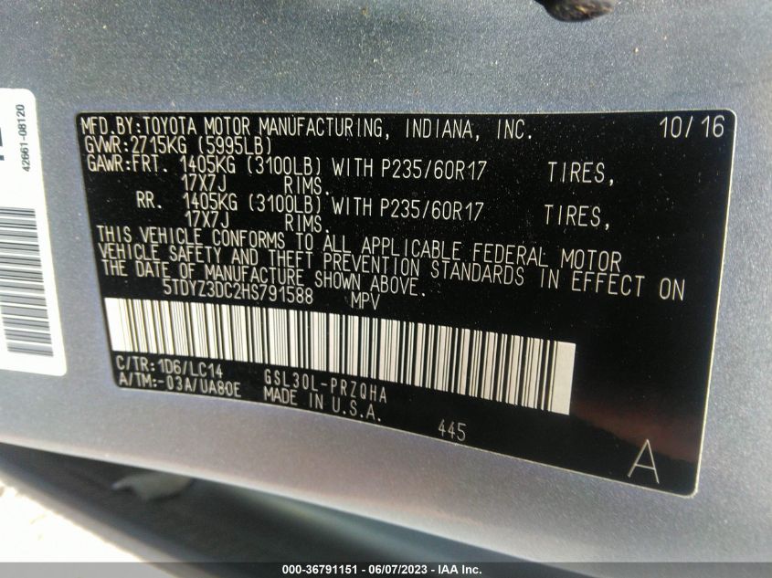 2017 TOYOTA SIENNA XLE AUTO ACCESS - 5TDYZ3DC2HS791588