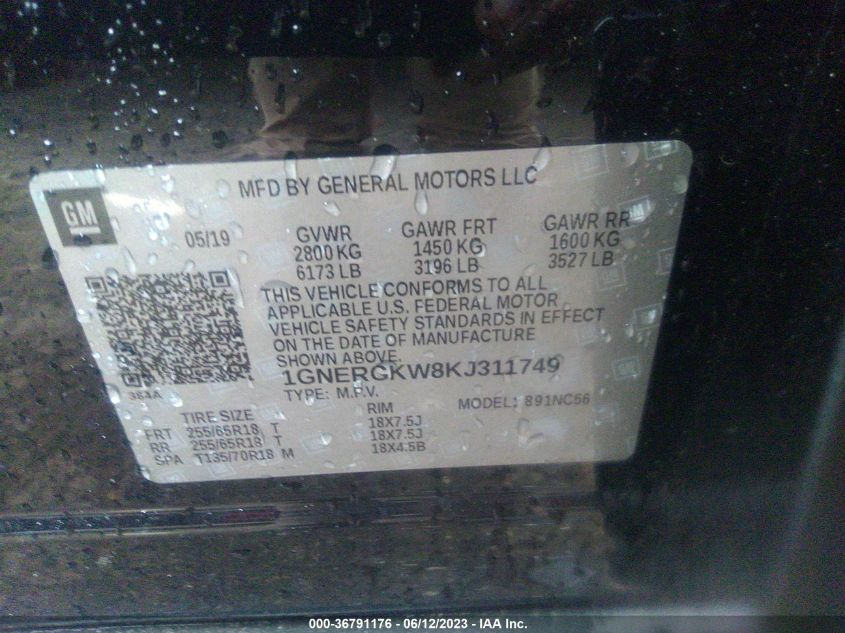 2019 CHEVROLET TRAVERSE LT CLOTH - 1GNERGKW8KJ311749