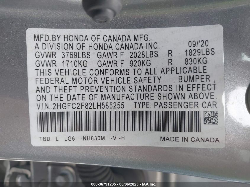 2020 HONDA CIVIC SEDAN SPORT - 2HGFC2F82LH585255