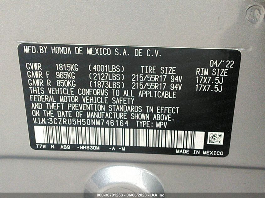 2022 HONDA HR-V EX - 3CZRU5H50NM746164